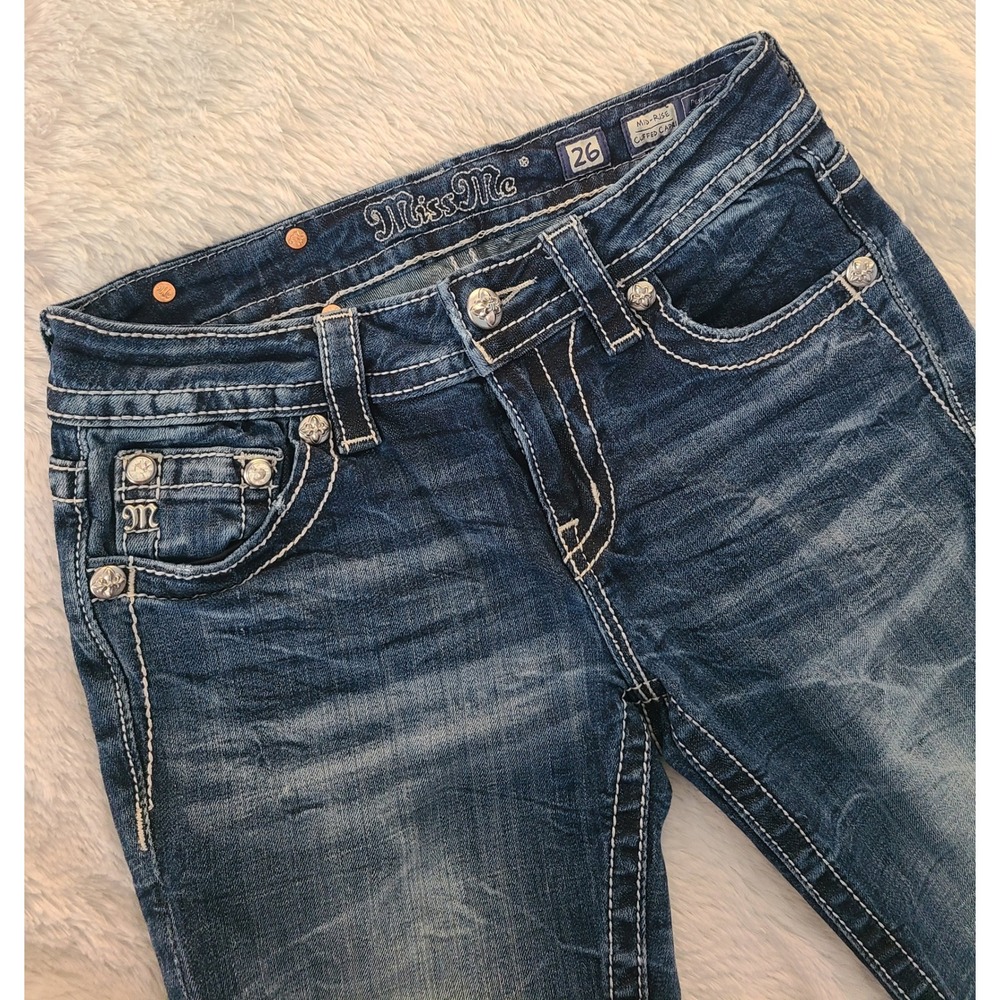 Miss Me Mid Rise Cuffed Capri Jeans Embroidered Sequin Pockets MP8612Pβ Blue 26